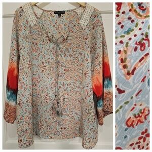 Signature Studio Multi Print Paisley Crochet Tie Dye Blouse Size 3X